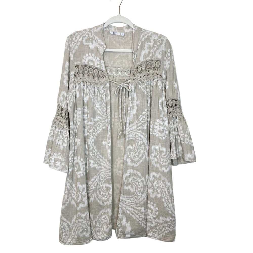 KAKTUS Beige White Bohemian Kimono Cover Up Crochet Bell Sleeve Lagenlook Sz‎ S